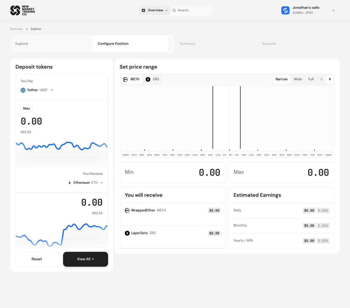 Configure position — compact token selector left, large price range chart right