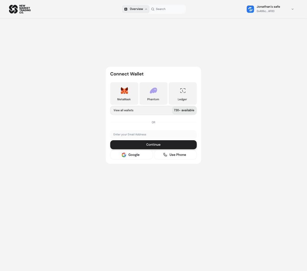 Connect Wallet — MetaMask, Phantom, Ledger, 730+ providers, or sign in with email, Google, or phone