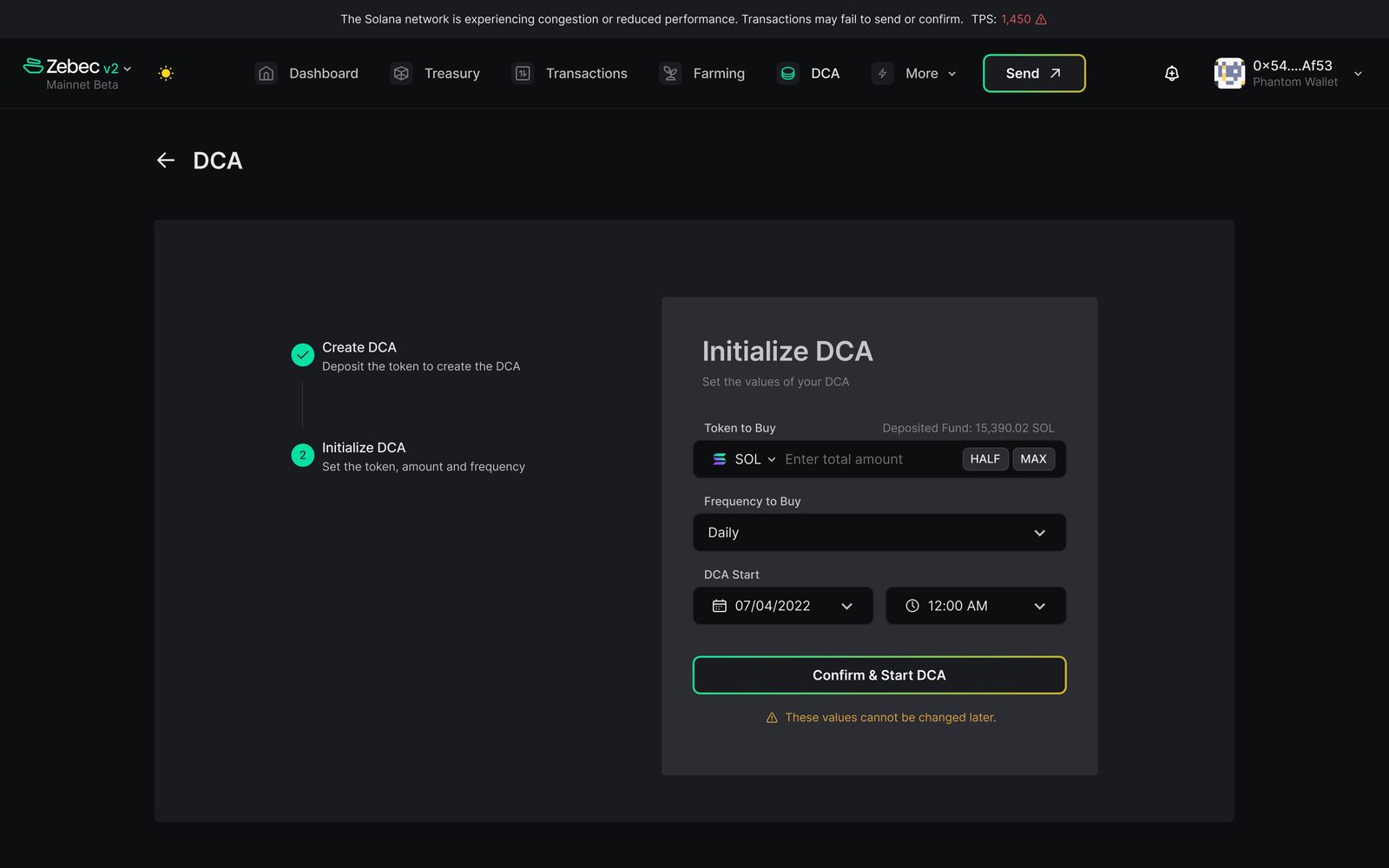 DCA Creation — frequency and amount